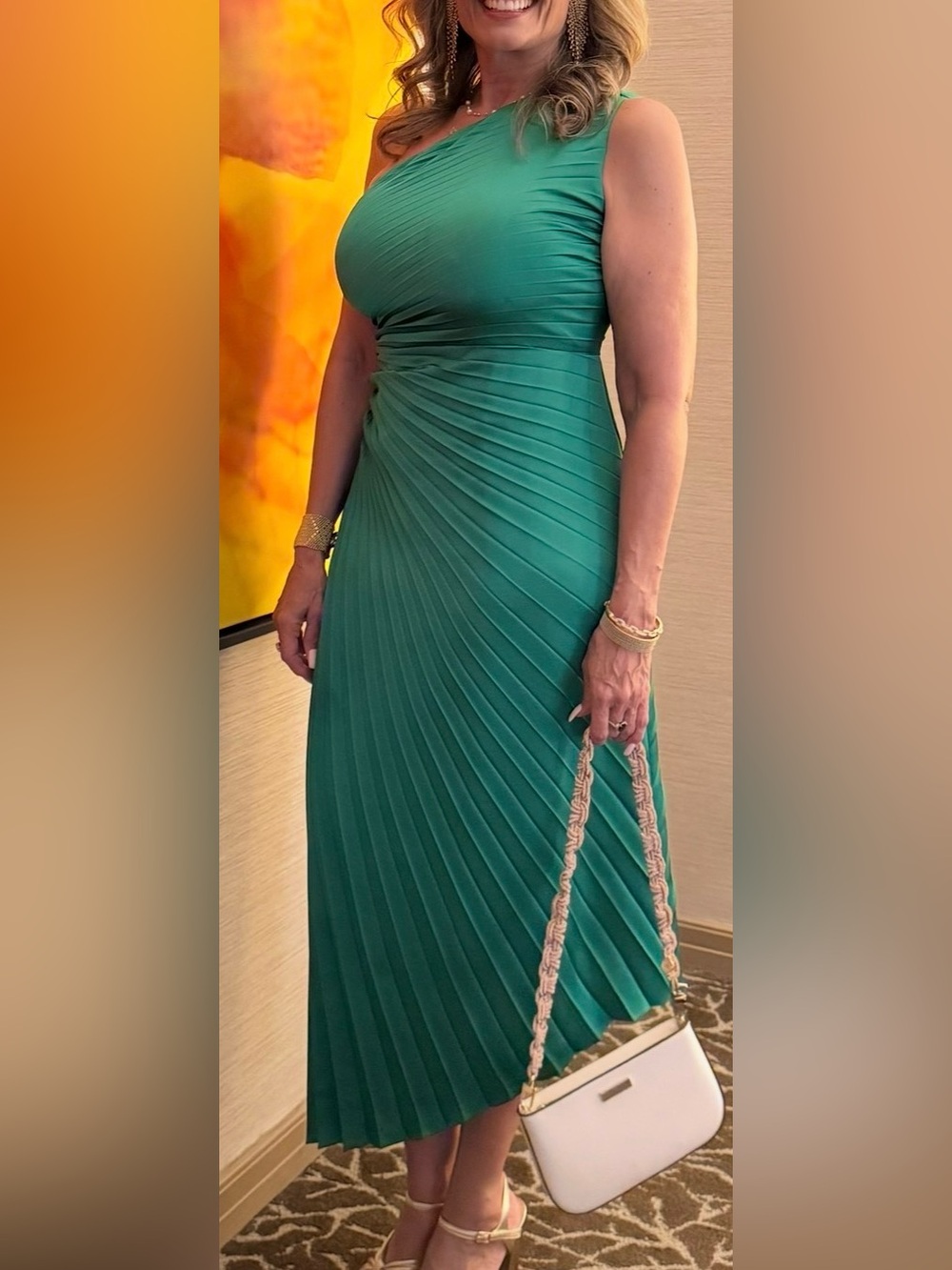 Badgley Mischka One-Shoulder Emerald Green Pleated Gown